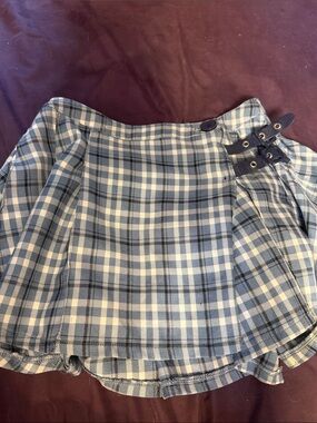 Sugar Thrillz Blue and White Plaid Wrap Skirt with Buckle